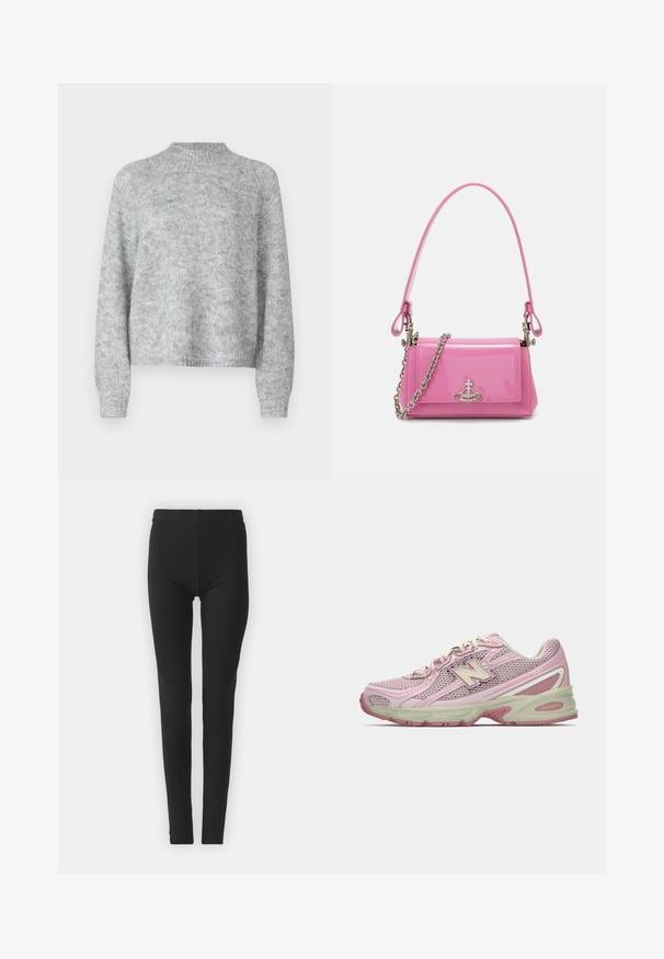 Jasnoszary sweter z wysokim kołnierzem, długimi rękawami i luźnym krojem. Wykonany z teksturowanej dzianiny o subtelnych odmianach koloru.; Czarne, elastyczne leginsy o dopasowanym kroju, z wysokim stanem i gładką fakturą. Brak widocznych wzorów lub detali metalowych.; Różowo-beżowe sneakersy New Balance 740 z siateczkową i syntetyczną cholewką, sznurowanym zapięciem oraz amortyzującą podeszwą, przedstawione w profilu bocznym.; Różowa torebka z lakierowanej skóry o prostokątnym kształcie, z odpinanym łańcuchem i srebrnymi detalami z przodu.