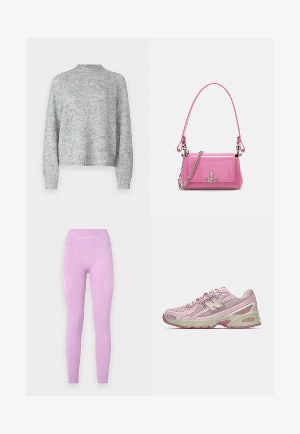 Világosszürke pulóver magas nyakkal, hosszú ujjal és laza fazonnal. Texturált kötött anyagból készült, finom színváltozatokkal.; Világoslila leggings, magas derékkal, texturált oldalsó panelek jellemzik, és finom logórészlet található az elején, rugalmas anyagból készültek.; Rózsaszín és bézs New Balance 740 sneaker, hálós és szintetikus felsőrésszel, fűzős záródással és párnázott talppal, oldalnézetből bemutatva.; Rózsaszín lakkbőr kézitáska téglalap alakú, levehető láncos vállpánttal és ezüst színű részletekkel az elején.