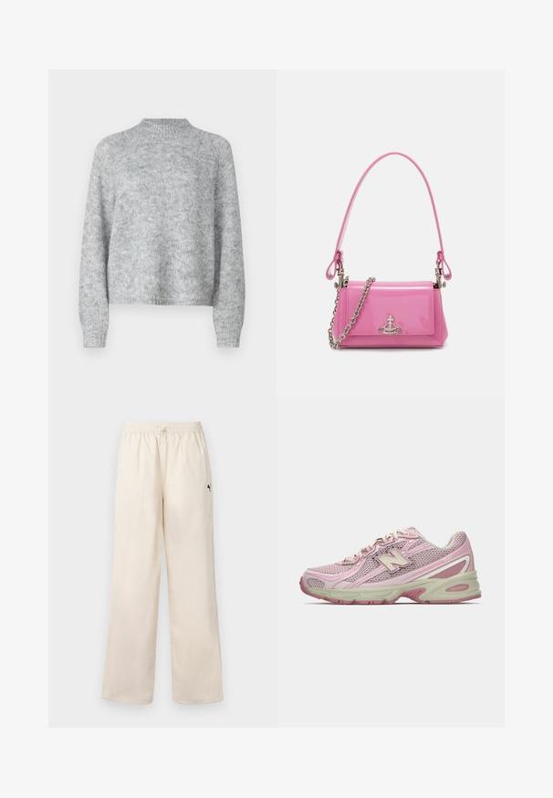 Šviesiai pilkas megztinis su aukštu kaklu, ilgomis rankovėmis ir laisvu siluetu. Pagamintas iš tekstūruoto mezginio audinio su subtiliais spalvų pokyčiais.; Šviesiai rudos plačios kelnės su elastinga juosena ir virvele. Šone yra mažas juodas logotipas. Lygi tekstūra.; Rausvaišis ir smėlio spalvos New Balance 740 sportiniai bateliai su tinkleliu ir sintetiniu paviršiumi, raišteliais užsegami, su paminkštintu padu, rodomi šoniniame profilyje.; Rožinė patentuota odinė rankinė stačiakampio formos, su nuimamą grandinėlę ir sidabro spalvos detalėmis priekyje.