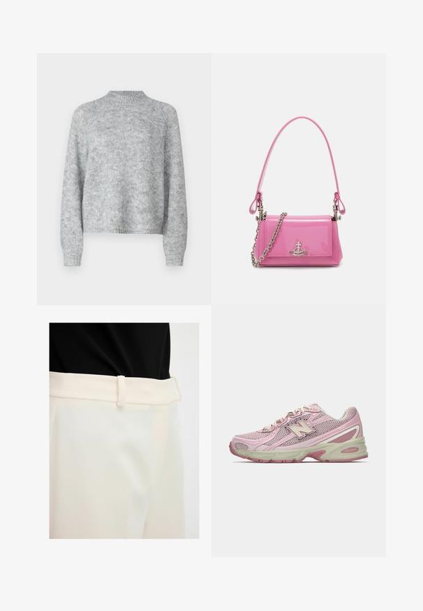 Lichtgrijze trui met hoge nek, lange mouwen en een losse pasvorm. Gemaakt van een textuur gebreide stof met subtiele kleurvariaties.; Beige broek van een gladde stof, met een vlakke tailleband en ceintuurlussen. De stof lijkt lichtgewicht en heeft een licht glanzende afwerking.; Roze en beige New Balance 740 sneaker met een bovenwerk van mesh en kunstleer, vetersluiting en een gevoerde zool, weergegeven in zijprofiel.; Roze gepatineerde lederen handtas met een rechthoekige vorm, afneembare kettingriem en zilveren hardware detail aan de voorkant.