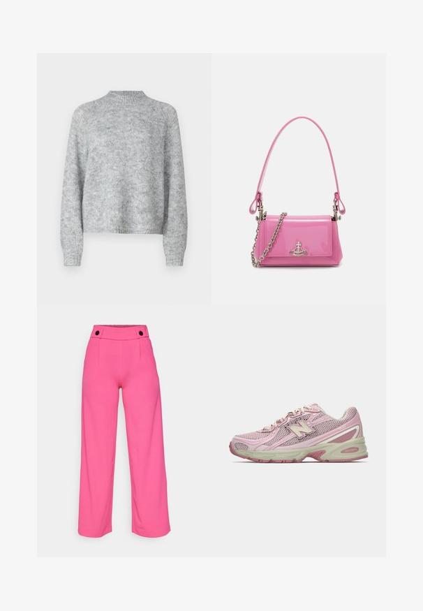 Világosszürke pulóver magas nyakkal, hosszú ujjal és laza fazonnal. Texturált kötött anyagból készült, finom színváltozatokkal.; Élénk rózsaszín, bő szárú nadrág sima textúrával, lapos derékkal és két fekete gombbal elöl.; Rózsaszín és bézs New Balance 740 sneaker, hálós és szintetikus felsőrésszel, fűzős záródással és párnázott talppal, oldalnézetből bemutatva.; Rózsaszín lakkbőr kézitáska téglalap alakú, levehető láncos vállpánttal és ezüst színű részletekkel az elején.