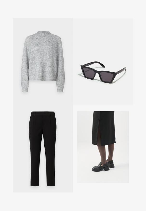 Lysegrå sweater med høj hals, lange ærmer og en løs pasform. Fremstillet af struktureret strikstof med subtile farvevariationer.; Sorte skræddersyede bukser med lige ben, lavet af glat stof. Har flad front, bælteløkker og ingen lommer.; Sorte lædersko med rund tå, kraftig blokhæl og elastiske sideaccentuer, parret med mørke strømpebukser og en sort nederdel med slids.; Sorte, kantede solbriller med grå linser; lavet af plast, med tykke stænger med en glat overflade og ingen synlig hardware.