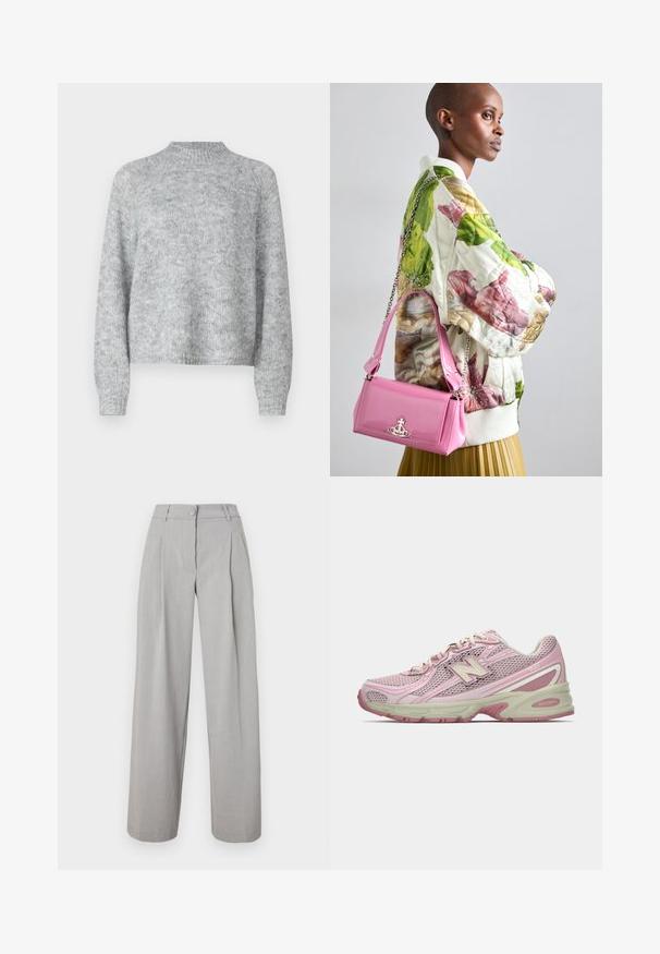 Maglione grigio chiaro con collo alto, maniche lunghe e vestibilità ampia. Realizzato in un tessuto a maglia strutturata con leggere variazioni di colore.; Pantaloni larghi grigio chiaro con pieghe, vita con bottoni e una texture di tessuto liscia. Gambe a taglio dritto che si restringono leggermente all'orlo.; Sneaker New Balance 740 in rosa e beige con tomaia in mesh e sintetico, chiusura con lacci e suola imbottita, mostrato in profilo laterale.; Giacca bomber foderata a fiori in verde, rosa e beige; abbinata a una borsa lucida rosa con catena e hardware logo.