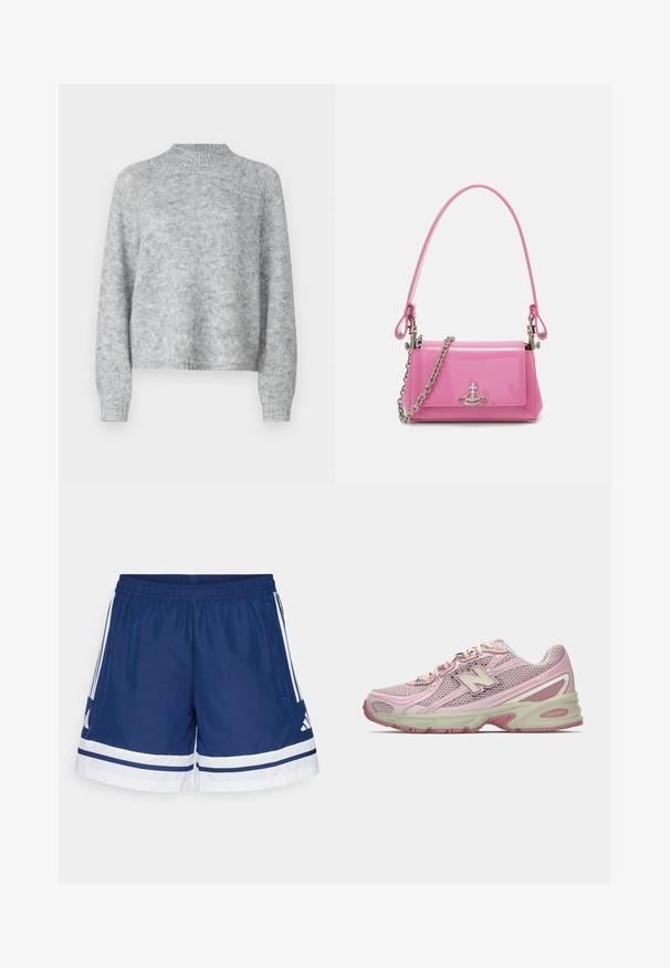 Šviesiai pilkas megztinis su aukštu kaklu, ilgomis rankovėmis ir laisvu siluetu. Pagamintas iš tekstūruoto mezginio audinio su subtiliais spalvų pokyčiais.; Jūriniai sportiniai šortai su elastinga juosmeniu, baltais akcentais ir trimis juostelėmis kiekvienoje pusėje; pagaminti iš lengvos, kvėpuojančios medžiagos.; Rausvaišis ir smėlio spalvos New Balance 740 sportiniai bateliai su tinkleliu ir sintetiniu paviršiumi, raišteliais užsegami, su paminkštintu padu, rodomi šoniniame profilyje.; Rožinė patentuota odinė rankinė stačiakampio formos, su nuimamą grandinėlę ir sidabro spalvos detalėmis priekyje.
