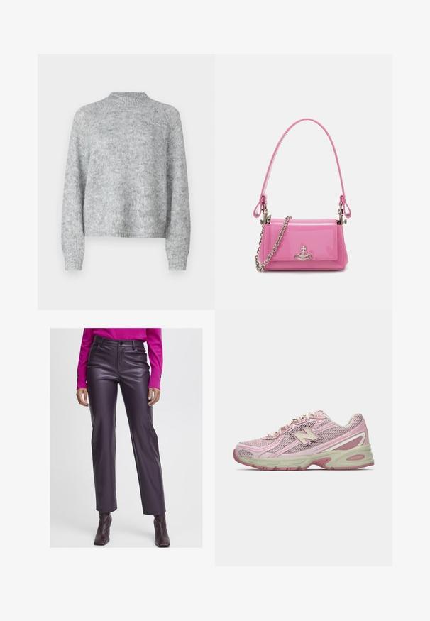 Hellgrauer Pullover mit hohem Kragen, langen Ärmeln und lockerer Passform. Aus strukturiertem Strickstoff mit subtilen Farbschattierungen gefertigt.; Lila Kunstleder-Hosen mit hoher Taille, glatter Textur, geradem Bein-Design und vorderen Taschen. Kombiniert mit einem pinken Langarmoberteil.; Rosa und beige New Balance 740 Sneaker mit Obermaterial aus Mesh und Synthetik, Schnürverschluss und gepolsterter Sohle, seitlich dargestellt.; Rosa lackierte Handtasche mit rechteckiger Form, abnehmbarer Kettenriemen und silbernen Hardware-Details auf der Vorderseite.