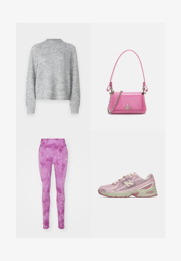 Svetle šedý svetr s vysokým límcem, dlouhými rukávy a volným střihem. Vyrobeno z texturované pleteniny s jemnými barevnými variacemi.; Růžové legíny s mramorovým vzorem, vybavené elastickým pasem a hladkým povrchem. Logo značky je zobrazeno bílou barvou na boku.; Růžové a béžové tenisky New Balance 740 s vrchní částí z polyesteru a syntetiky, se šněrováním a polstrovanou podrážkou zobrazené z boku.; Růžová lakovaná kabelka obdélníkového tvaru, odnímatelný řetízkový popruh a stříbrné kovové detaily na přední straně.