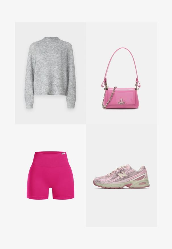 Vaaleanharmaa neulepusero, jossa on korkea kaulus, pitkät hihat ja löysä istuvuus. Valmistettu teksturoidusta neulekankaasta, jossa on hienovaraisia värivaihteluita.; Vaaleanpunaiset korkeavyötäröiset shortsit, jotka on valmistettu joustavasta kankaasta. Niissä on sileä pinta ja tiukka muotoilu. Ei näkyviä logoja tai kuvioita.; Vaaleanpunaiset ja beigeet New Balance 740 -lenkkarit, joissa on verkkokangas ja synteettinen päällinen, nauhakiinnitys ja pehmustettu pohja, esitettynä sivuprofiilissa.; Vaalea vaaleanpunainen lakattu nahkakäsilaukku, jossa on suorakulmainen muoto, irrotettava ketjun olkaimet ja hopeiset yksityiskohdat edessä.
