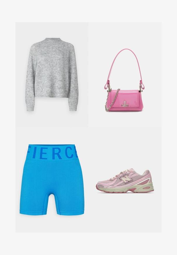 Svetle šedý svetr s vysokým límcem, dlouhými rukávy a volným střihem. Vyrobeno z texturované pleteniny s jemnými barevnými variacemi.; Modré sportovní šortky vyrobené z elastické tkaniny, s širokým pasem a nápisem "Fierce" v tmavě modré. Hladký povrch a přiléhavý střih.; Růžové a béžové tenisky New Balance 740 s vrchní částí z polyesteru a syntetiky, se šněrováním a polstrovanou podrážkou zobrazené z boku.; Růžová lakovaná kabelka obdélníkového tvaru, odnímatelný řetízkový popruh a stříbrné kovové detaily na přední straně.