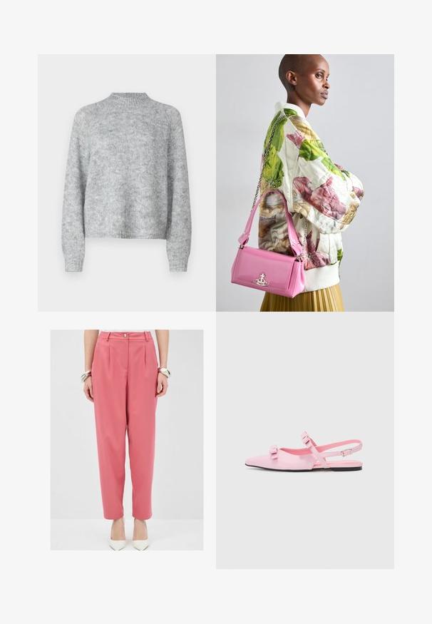 Maglione grigio chiaro con collo alto, maniche lunghe e vestibilità ampia. Realizzato in un tessuto a maglia strutturata con leggere variazioni di colore.; Pantaloni rosa pallido su misura con pieghe frontali e chiusura a bottone, caratterizzati da una vestibilità ampia e tasche. Abbinati a tacchi a punta bianchi.; Scarpe slingback rosa, piatte, con punta affusolata e due fiocchi decorativi. Materiale sintetico liscio, design minimalista e una sottile cinghia alla caviglia.; Giacca bomber foderata a fiori in verde, rosa e beige; abbinata a una borsa lucida rosa con catena e hardware logo.