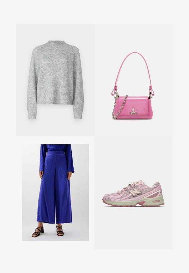 Vaaleanharmaa neulepusero, jossa on korkea kaulus, pitkät hihat ja löysä istuvuus. Valmistettu teksturoidusta neulekankaasta, jossa on hienovaraisia värivaihteluita.; Leveled trousers dalam kain biru cerah yang menampilkan pola halus, dengan pinggang datar dan dipasangkan dengan sandal blok bertumit hitam berstraps.; Vaaleanpunaiset ja beigeet New Balance 740 -lenkkarit, joissa on verkkokangas ja synteettinen päällinen, nauhakiinnitys ja pehmustettu pohja, esitettynä sivuprofiilissa.; Vaalea vaaleanpunainen lakattu nahkakäsilaukku, jossa on suorakulmainen muoto, irrotettava ketjun olkaimet ja hopeiset yksityiskohdat edessä.