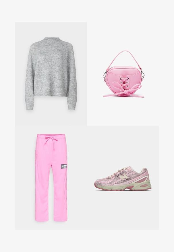 Sweater cinza claro com gola alta, mangas longas e um corte solto. Feito de um tecido de malha texturizada com variações subtis de cor.; Calças de moletom rosa da Nike com cintura elástica, cordão, bolsos laterais, botões de pressão ao longo das pernas e um emblema preto e branco na coxa.; Sapatilha New Balance 740 em rosa e bege com parte superior em malha e sintético, fecho com atacadores e sola almofadada, mostrada em perfil lateral.; Bolsa de mão em imitação de couro cor-de-rosa com formato circular, apresentando um design de atacadores com ilhós metálicos e um detalhe de laço. Inclui uma alça curta.