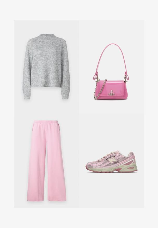 Light grey sweater with a high neck, long sleeves, and a loose fit. Made of textured knit fabric with subtle variations in color.; Pink wide-leg pants made of soft fabric with an elastic waistband and side pockets. Features a straight, flowing cut.; Pink and beige New Balance 740 sneaker with mesh and synthetic upper, lace-up closure, and cushioned sole shown in side profile.; Pink patent leather handbag with a rectangular shape, detachable chain strap, and silver hardware detail on the front.