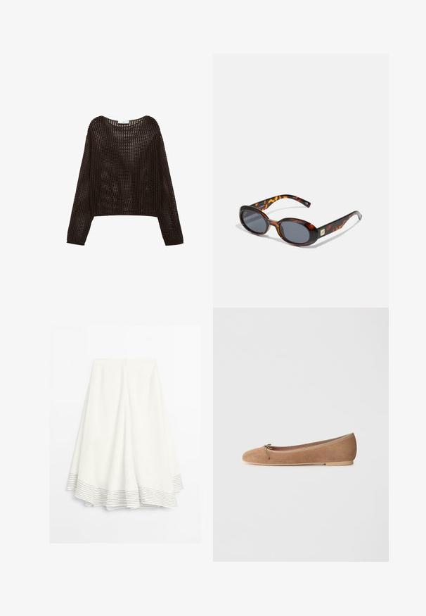 Sweter na długi rękaw w stylu szydełkowym w ciemnym brązie, z luźnym krojem i otwartą fakturą, z zaokrąglonym dekoltem i opadającymi ramionami.; Biała midi spódnica z rozkloszowanym dołem, z cienkimi poziomymi czarnymi paskami oraz zapięciem na zamek z tyłu.; Zamszowe baletki w jasnobrązowym kolorze, o zaokrąglonym nosku, ozdobnej kokardzie oraz niskiej, płaskiej podeszwie z kontrastowym przeszyciem wzdłuż krawędzi.; Brązowe okulary przeciwsłoneczne w stylu tortoise z owalnymi soczewkami i ciemnoszarym szkłem. Posiadają złotą akcentację na zausznikach. Gładka tworzywowa faktura.