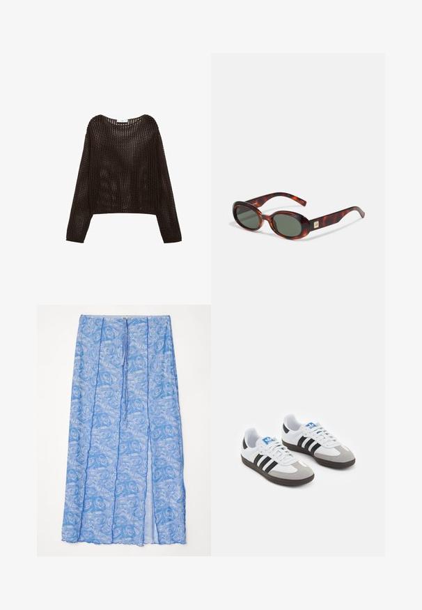 Dlouhý rukáv top v háčkovém stylu v tmavě hnědé barvě, s volným střihem a otevřenou tkaninou, s kulatým výstřihem a spadlými rameny.; Světle modrá průhledná sukně se vzorem růží, s elastickým páskem na stažení a zvlněným lemem. Materiál vypadá tekutě a lehce.; Sportovní boty s bílým koženým svrškem, šedou semišovou špičkou a třemi černými pruhy. Obsahují modré logo na jazyku a texturovanou gumovou podrážku.; Sluneční brýle ve stylu želvoviny s tmavými skly, oválným tvarem a širokými obrubami. Na boční straně je malý zlatý akcent. Hladký plastový materiál.