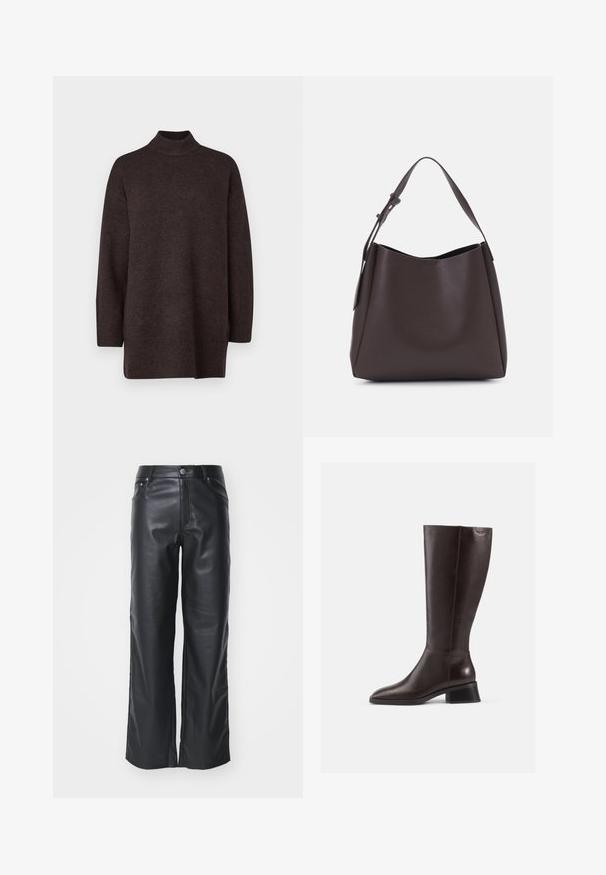Pull en maille brun foncé, à col montant, avec une coupe décontractée, des manches longues, des poignets et un ourlet côtelés. Texture douce et détails minimalistes.; Pantalon large en cuir noir avec une texture lisse, doté d'une fermeture à bouton sur le devant et d'un design à cinq poches. Conçu pour un ajustement décontracté.; Bottes en cuir marron arrivant au genou avec une finition lisse, bout rond et un talon empilé noir. Design simple avec des détails matériels minimaux.; Vero Moda VMLANE - Cabas - chocolate torte