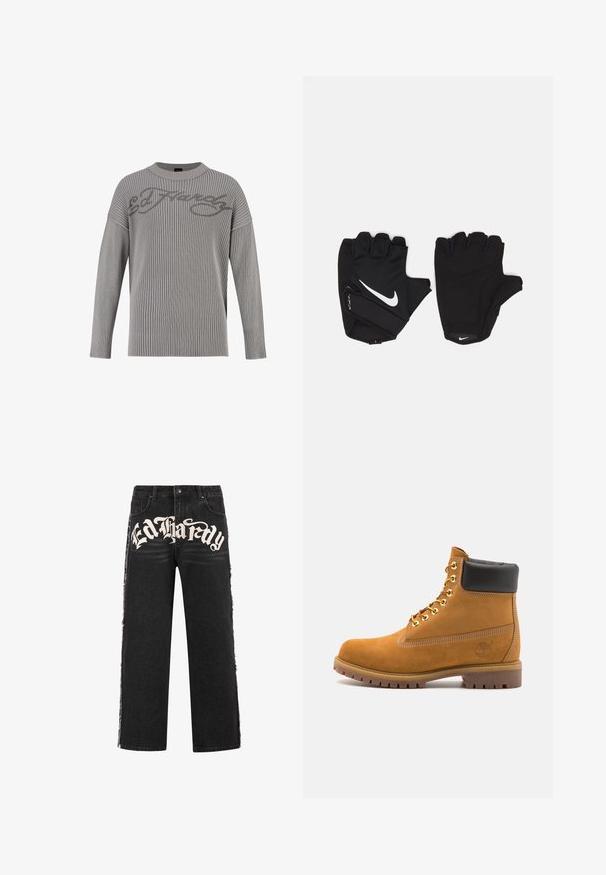 Suéter de punto acanalado gris con escote redondo, hombros caídos y una superficie texturizada. Presenta el logo "Ed Hardy" en un gris más oscuro en la parte delantera.; Jeans de mezclilla negra de pierna ancha con bordes desgastados y destacado texto blanco "Ed Hardy" en la parte frontal. Presenta un cierre estándar de botón.; Botín de ante marrón claro con collar acolchado negro, ojales de metal dorado, detalles de costura blanca y suela de goma resistente con tacos pronunciados.; Guantes sin dedos negros hechos de material texturizado, con el logo blanco de Nike en la muñeca y la palma. Costuras reforzadas y área de la palma acolchada.