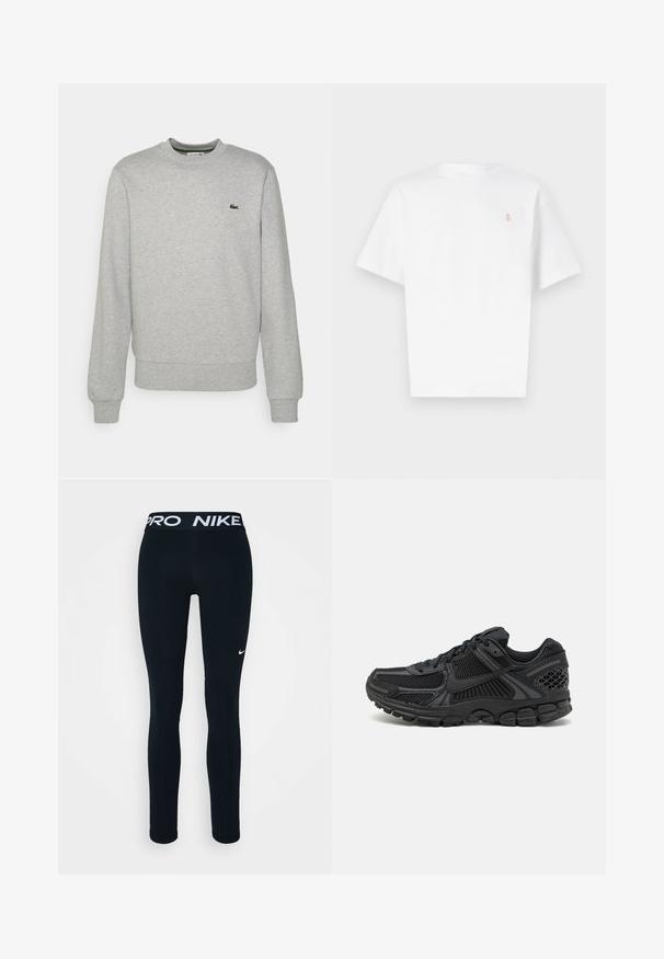 Grauer Pullover aus weichem Stoff, mit rundem Halsausschnitt, langen Ärmeln und einem kleinen grünen Logo auf der linken Brust.; Weißes Baumwoll-T-Shirt mit kurzen Ärmeln, Rundhalsausschnitt und kleinem orangefarbenen Logo auf der Brust. Glatte Textur, reguläre Passform.; Schwarze Nike Leggings mit weitem Bund, ausgestattet mit einem weißen Logo auf dem linken Oberschenkel. Hergestellt aus dehnbarem Stoff, der für Komfort und Bewegungsfreiheit sorgt.; Schwarzer Sportschuh mit mesh-Obermaterial, Gummisohle und strukturierten Akzenten. Das Design umfasst ein ausgeprägtes Schnürsystem und eine gepolsterte Sohle.