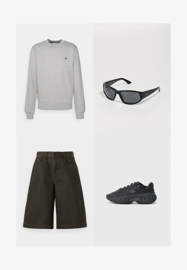 Grå hettegenser laget av myk stoff, med rund hals, lange ermer, og en liten grønn logo på venstre bryst.; AllSaints RIKU - Jeansshorts - golden black; Svart treningessko med teksturert tekstiloverdel, buet gummisåle og subtil logodetalj på siden. Lett og moderne design.; Sorte solbriller med grå linser, rektangulær form, plastikkramme og logo-detalj på armen. Glatt tekstur, sporty design.