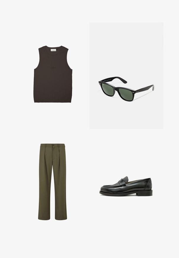 Hellgrauer Sweatshirt mit hohem Kragen, halbhohem Reißverschluss, überschnittenen Schultern sowie gerippten Bündchen und Saum. Weicher, strukturierter Stoff.; Dunkelbraunes, ärmelloses Oberteil aus geripptem Stoff mit rundem Halsausschnitt und dezentem Markenstick auf der Vorderseite in passender Farbe.; Olivgrüne Hosen mit taillierter Passform, mit Falten an der Vorderseite, Knopfverschluss und geraden Beinen. Glatte Stofftextur.; Schwarzer Lederloafer mit strukturiertem schwarzen Lederakzent, abgerundeter Zehenform und niedrigem Blockabsatz; verfügt über ein dekoratives metallisches Detail.; Schwarze Plastiksonnenbrille mit grünen Gläsern, quadratischen Rahmen, silbernem Akzent auf der Augenbraue und strukturierten Bügeln. Angegebene Marke auf dem inneren Bügel.
