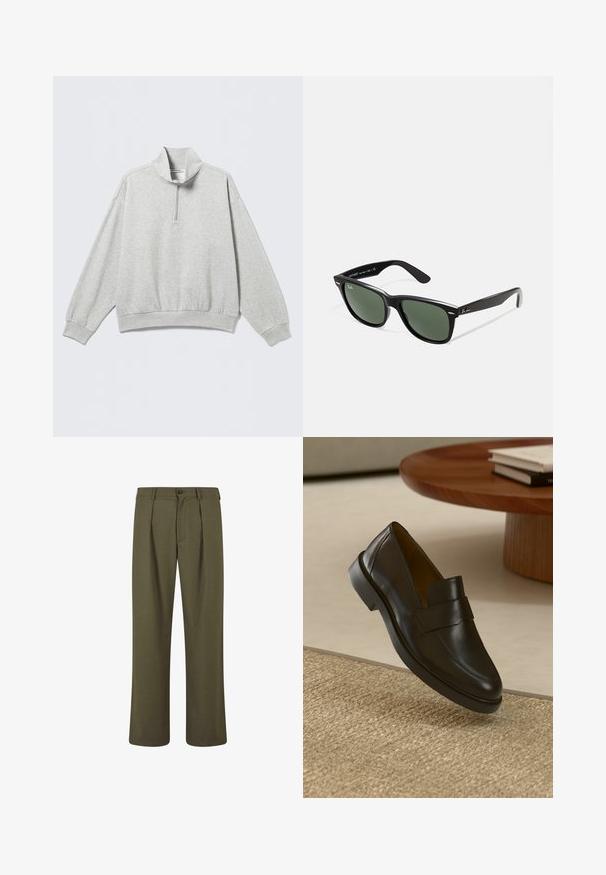 Lichtgrijze sweatshirt met een hoge kraag, halve ritssluiting, verlaagde schouders en geribbelde boorden en zoom. Zachte, gestructureerde stof.; Olijfgroene broek met een getailleerde pasvorm, voorzien van plooien aan de voorkant, een knoopsluiting en rechte pijpen. Glad stoffe textuur.; Zwarte leren loafers met een gladde afwerking, een ronde neus en een decoratieve band over de bovenkant. Lage rubberen hak, geplaatst tegen een gestructureerde ondergrond.; Zwarte plastic zonnebril met groene lenzen, vierkante montuur, zilveren accent op de wenkbrauw en een gestructureerde tempel. Merken vermeld op de binnenkant van de arm.