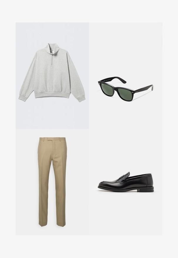 Ljusgrå sweatshirt med hög krage, halv dragkedja, nedsänkta axlar samt muddade ärmslut och fåll. Mjukt, texturerat tyg.; Beiga skräddarsydda byxor tillverkade av vävt tyg, med rak benform, veckdetaljer och en klassisk midja med bälteshål.; Svarta läderloafers med en slät yta, rund tå och ett dekorativt band över främre delen. Låg staplad klack, minimalistisk design.; Svarta plastsolglasögon med gröna linser, fyrkantiga bågar, silverdetalj på ögonbrynet och texturerade skalmar. Angiven märkning på den inre skalmen.