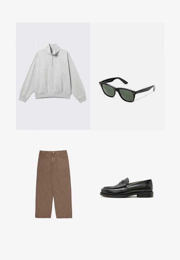 Hanorac gri deschis cu guler înalt, închidere cu fermoar pe jumătate, umeri căzuți și manșete și tiv drepte cu nervuri. Material moale, texturat.; Pantaloni largi brown din bumbac, cu două buzunare frontale și închidere cu buton. Țesătura are o textură moale și un finisaj mat.; Mocasini din piele neagră cu un accent din piele neagră texturată, vârf rotund și toc mic pătrat; dispune de un detaliu decorativ metalic.; Ochelari de soare din plastic negru cu lentile verzi, rame pătrate, accent argintiu pe sprânceană și brațe texturate. Marca este menționată pe brațul interior.