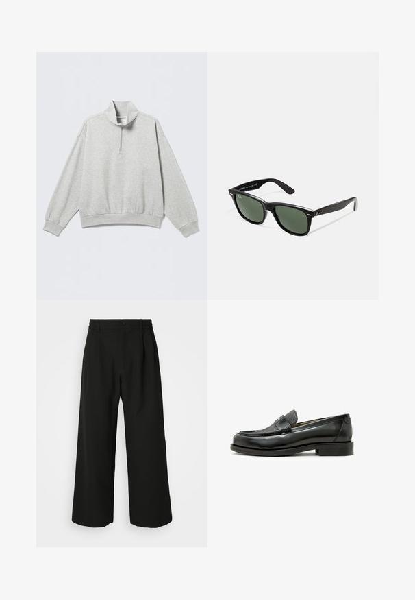 Lys grå genser med høy krage, halvglidelås, senkede skuldre og ribbekanter ved mansjetter og kant. Mykt, teksturert stoff.; Sorte vide benbukser med en glat tekstur, plisseret front, elastisk talje og en enkelt knaplukning.; Svarte lærloafers med teksturert svart lærdetalj, avrundet tå og lav blokkhel. Har en dekorativ metalldetalj.; Sorte plast-solbriller med grønne linser, firkantede rammer, sølvdetalje på brynene, og teksturerte stangarmen. Angitt merke på indre arm.