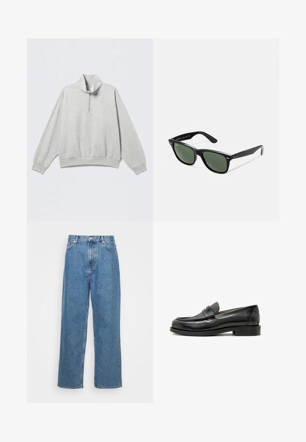 Light grey sweatshirt with a high collar, half-zip closure, dropped shoulders, and ribbed cuffs and hem. Soft, textured fabric.; Weekday GALAXY LOOSE STRAIGHT UNISEX - Loose Jeans - blue; Black leather loafer with a textured black leather accent, rounded toe, and a low block heel; features a decorative metallic detail.; Black plastic sunglasses with green lenses, square frames, silver accent on the brow, and textured temple arms. Stated brand on inner arm.