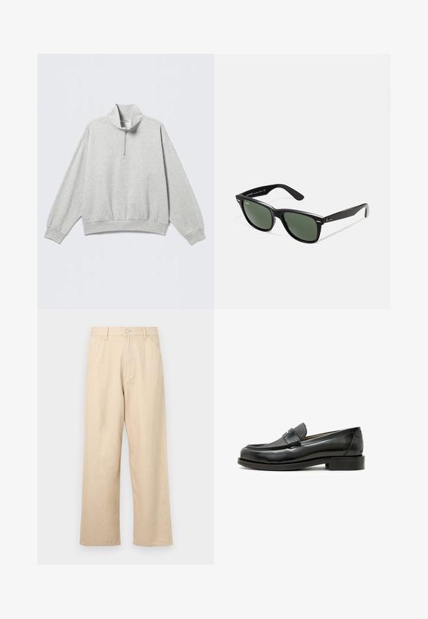 Sweat-shirt gris clair avec un col haut, une fermeture à demi-zip, des épaules tombantes et des poignets et ourlet côtelés. Tissu doux et texturé.; Pantalons beige à jambes larges en denim avec une finition texturée, dotés d'une fermeture à boutons à l'avant et d'un design classique à cinq poches.; Mocassin en cuir noir avec une pièce en cuir texturé noir, bout rond et petit talon carré ; présente un détail métallique décoratif.; Lunettes de soleil en plastique noir avec verres verts, monture carrée, accent argenté sur le sourcil et branches texturées. Marque indiquée sur l'intérieur de la branche.