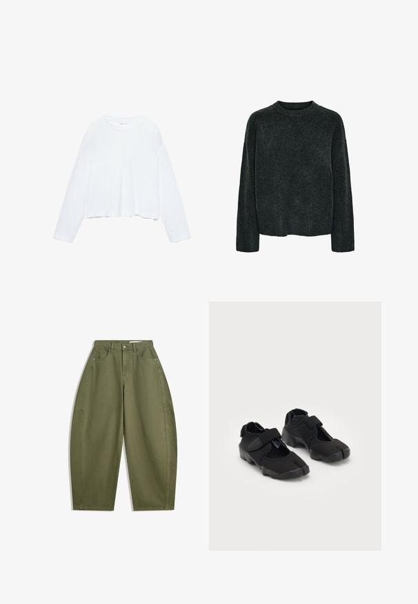 Tmavě šedý vlněný svetr, kulatý výstřih, dlouhé rukávy, mírně zkrácený lem, měkká textura, minimalistický design, bez viditelných vzorů nebo kovových doplňků.; Bílé dlouhé rukávy zkrácené tričko vyrobené z jemné látky, má kulatý výstřih a volný střih s manžetovými rukávy. Jednoduchý a čistý design.; Olivově zelené široké kalhoty z bavlny s vysokým pasem, předními kapsami a hladkou texturou. Bez ozdob nebo vzorů.; Černé vodní boty vyrobené z pružné tkaniny s suchým zipem, s jedinečným designem rozděleného prstu a texturovanou gumovou podrážkou pro lepší přilnavost.