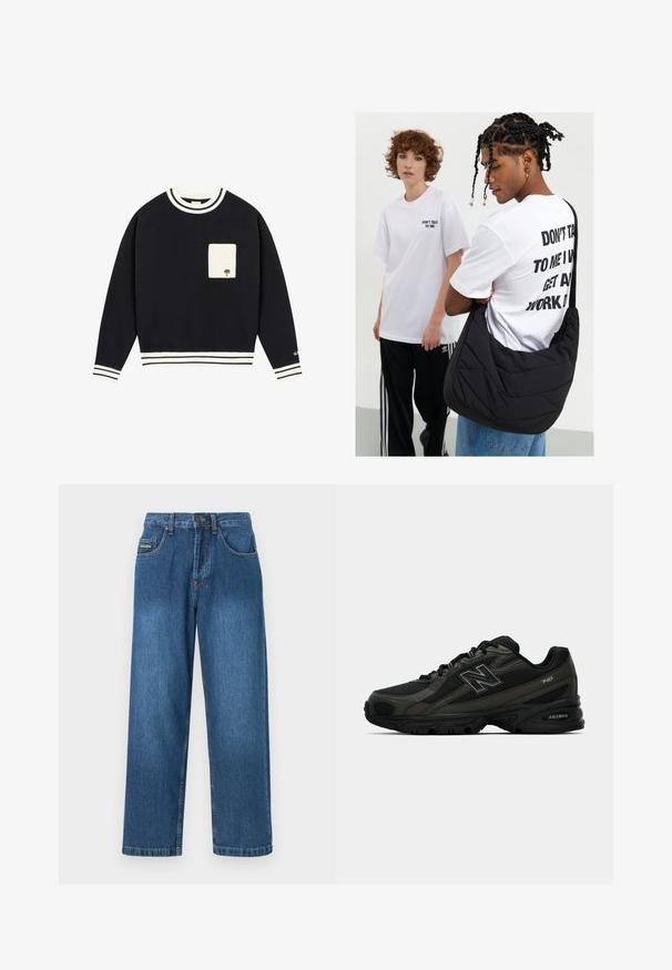 Jūrinės spalvos džemperis su baltais dryžuotais apykakle ir rankogaliais, priekyje su smėlio spalvos kišene ir siuvinėtu medžio motyvu.; Denim džinsai vidutinio mėlynumo skalbimo, su tiesiomis kojomis, penkiais kišenėmis ir geltonais siuvinėjimo akcentais.; Juodi sportiniai bateliai su tekstūruotu sintetiniu viršumi, su paminkštintu padu ir iššokančiu "N" logotipu ant šono. Dizainas apima lengvas tinklines dalis.; Juodas siuvinėtas peties krepšys su minkšta tekstūra, dėvimas asmens, kuris vilki baltą marškinėlį su grafika ir ryškiais užrašais. Kasdieniškas aprangos stilius su džinsais.