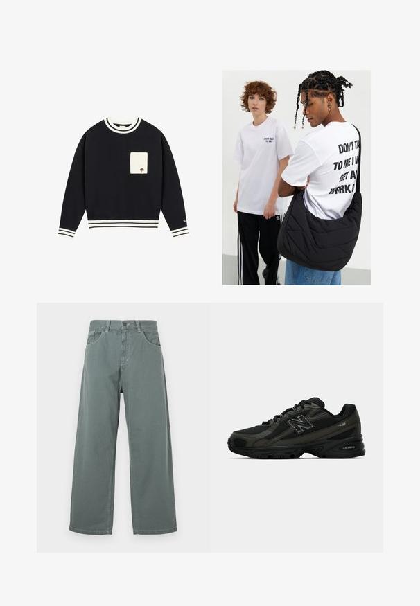 Mornarska dukserica s bijelim prugastim rebrastim ovratnikom i rukavima, s prednjim bež džepom na kojem je izvezen detalj drveta.; Hlače širokih nogavica u prigušenoj zelenoj boji od pamuka, s klasičnim pojasom, petljama za remen, prednjim džepovima i kontrastnim šavovima.; Crne atletske tenisice s teksturiranim sintetičkim gornjim dijelom, s udobnom potplate i istaknutim "N" logotipom sa strane. Dizajn uključuje lagane mrežaste dijelove.; Crna jastučićasta torba preko ramena sa mekom teksturom, koju nosi osoba u bijelom grafičkom majici s podebljanim natpisom. Ležerna kombinacija s trapericama.