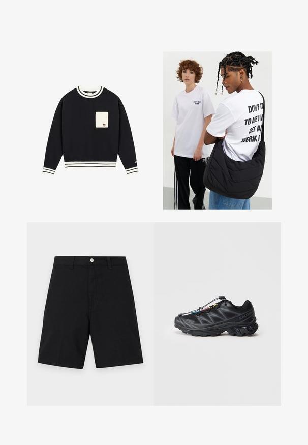 Laivastonsininen collegepaita, jossa on valkoiset raidalliset ribbikangaskohdat kauluksessa ja hihoissa. Edessä on beige tasku, jossa on kirjailtu puuyksityiskohta.; Mustat puuvillashortsit, joissa on vyötärö, jossa on hopeinen nappi, suoran lahkeen suunnittelu ja vähäiset ompeluyksityiskohdat siistin ilmeen saavuttamiseksi.; Musta urheilukengä, jossa on teksturoitu verkkopinta, vahvistettu kärki ja nopea nauhakiinnitys. Ominaisuuksiin kuuluu kestävä pohja ja vähäinen kantakorkeus.; Musta pehmeätekstuurinen tikattu olkalaukku, jota kantaa henkilö valkoisessa graafisessa T-paidassa, jossa on rohkeaa tekstiä. Rentoa asustusta, jossa on farkut.