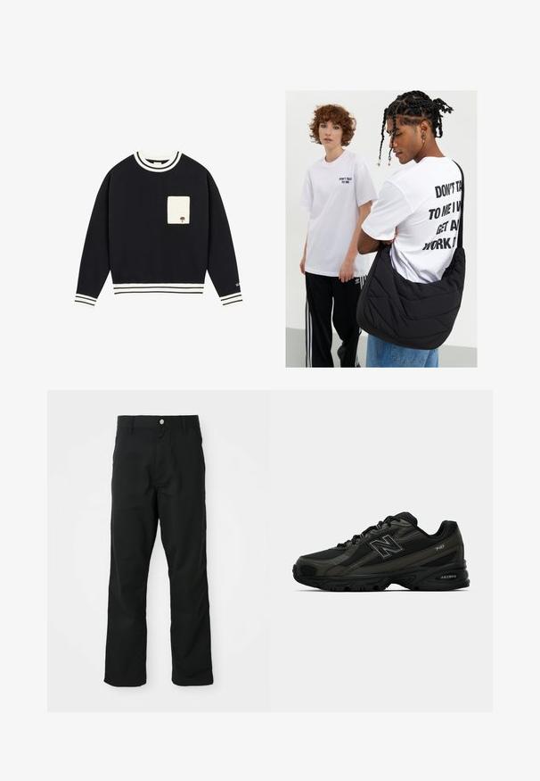 Sudadera marina con cuello y puños acanalados a rayas blancas, que presenta un bolsillo beige con detalle bordado de un árbol en la parte delantera.; Pantalones rectos negros con cierre de botón y cremallera, lazos para cinturón y bolsillos laterales, exhibidos sobre un fondo blanco.; Zapatillas deportivas negras con un upper sintético texturizado, que cuentan con una suela acolchada y un prominente logo "N" en el lateral. El diseño incluye secciones de malla ligera.; Bolso de hombro negro acolchado con una textura suave, llevado por una persona con una camiseta gráfica blanca con texto en negrita. Conjunto casual con vaqueros.