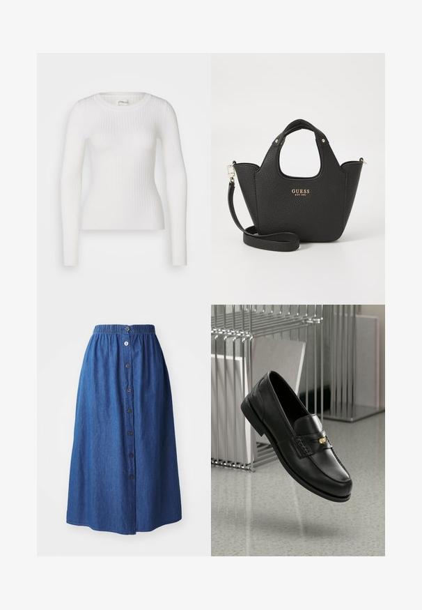 White long-sleeve ribbed top with a round neckline. The fabric is smooth, featuring a subtle texture and fitted design. No visible hardware or patterns.; Denim skirt with an elastic waistband, blue fabric, full length, front button closure, and subtle texture. No visible patterns or accents.; Black leather loafers with a smooth finish, featuring a decorative band and small gold accent. The sole is flat with a rounded toe.; Black textured handbag with short handles and a removable shoulder strap. Features a gold logo accent. Compact, structured shape.