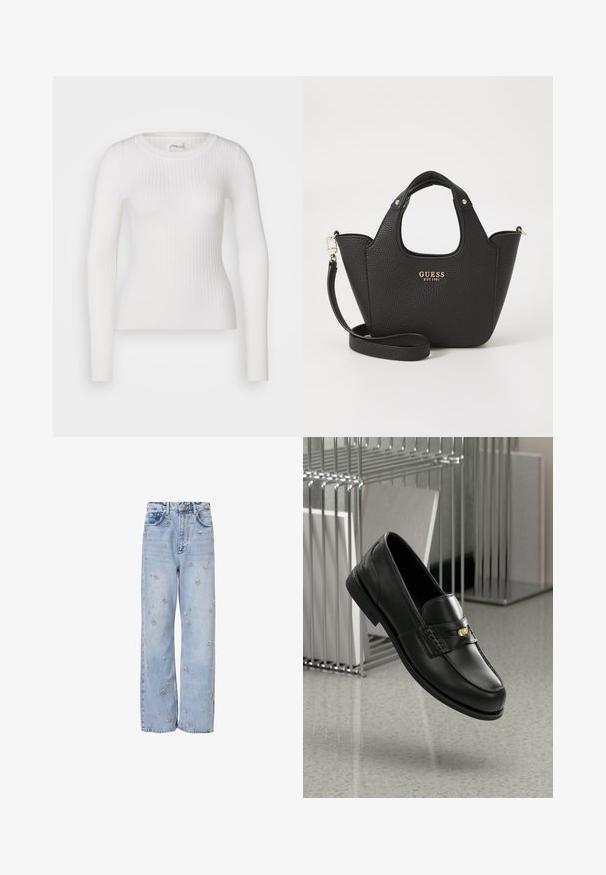 Biely dlhý rukáv ribbed top s okrúhlym výstrihom. Tkanina je hladká, s jemnou textúrou a priliehavým strihom. Žiadne viditeľné kovanie ani vzory.; Svetlo modré džínsy s voľným strihom, so striebornou kvetinovou výšivkou po celom povrchu a klasickým päťpokladkovým strihom.; Čierne kožené mokasíny s hladkým povrchom, s ozdobnou páskou a malým zlatým akcentom. Podrážka je plochá s zaoblenou špičkou.; Čierna textúrovaná kabelka s krátkymi uchami a odnímateľným ramenným popruhom. Vybavená zlatým logom. Kompaktný, štruktúrovaný tvar.