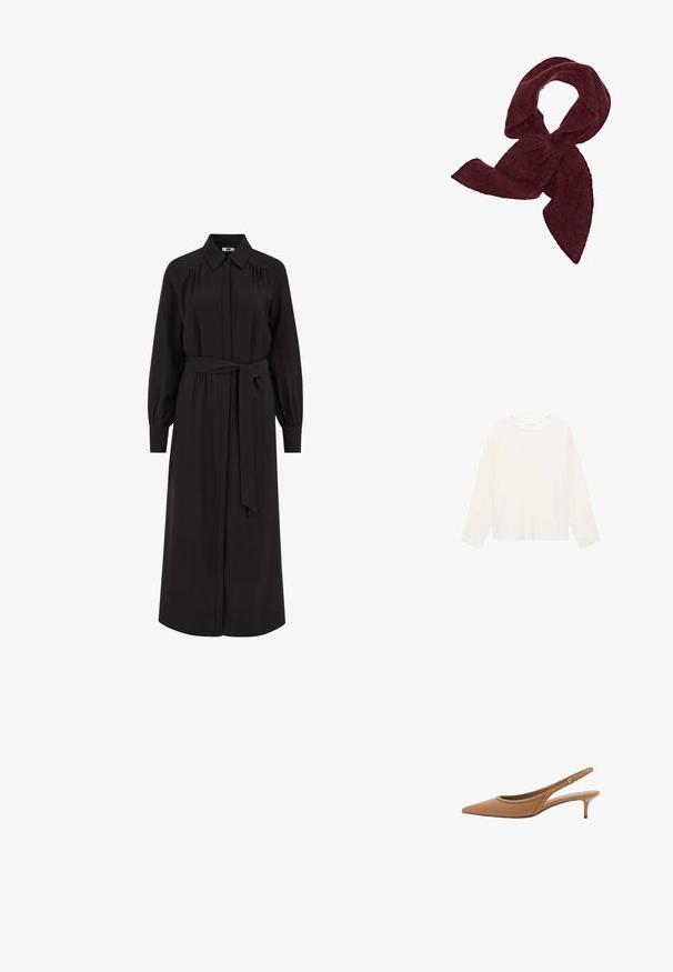 Světle krémová košile s dlouhým rukávem vyrobená z jemné tkaniny, má kulatý výstřih a volný střih. Jednoduchý design bez viditelných vzorů nebo akcentů.; Dlouhé černé šaty s límečkem, předním zapínáním na knoflíky, dlouhými nafouklými rukávy a tkaničkou v pase. Vyrobeno z hladkého materiálu.; Kožené slingback lodičky v odstínu tan s špičatou špičkou, malým jehlovým podpatkem a dekorativním výřezem s řadou ozdobných hřebíků.; Burgundská šála vyrobená z měkké, strukturované tkaniny; má prodloužený tvar s špičatými konci, ideální pro omotání nebo uvázání.; Hnědá kožená kabelka s texturovaným povrchem, která má zlatý kovový klip a jeden zakřivený ramenní popruh.