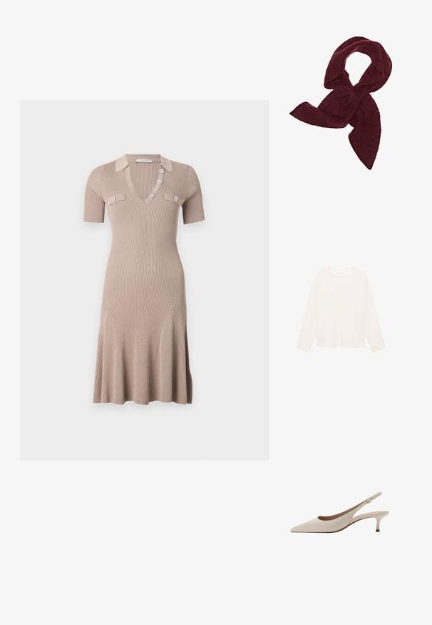 Lange mouwen lichtcrème shirt gemaakt van zachte stof, met een ronde halslijn en een ontspannen pasvorm. Eenvoudig ontwerp zonder zichtbare patronen of accenten.; Gebreide jurk in lichtbeige, met een V-hals, korte mouwen en decoratieve knopen. Aansluitend asymmetrische zoom met verticale ribbeltextuur en voorzakken.; Beige slingback hakken met een puntige neus en een lage, uitlopende hak. Gemaakt van glad leer met een minimalistisch ontwerp en een verstelbare band.; Bordeaux sjaal gemaakt van zachte, gestructureerde stof; heeft een elongated vorm met spitse uiteinden, geschikt voor wikkelen of knopen.; Bruine leren handtas met een textuurafwerking, voorzien van een gouden sluiting en een enkele, gebogen schouderriem.
