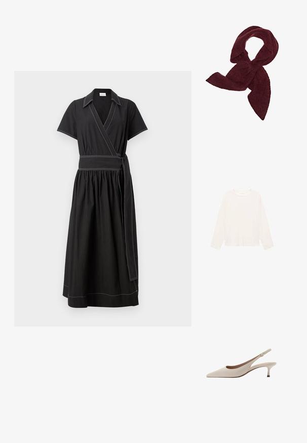 Camicia a maniche lunghe color crema chiaro realizzata in tessuto morbido, con scollatura rotonda e vestibilità rilassata. Design semplice senza motivi o accenti visibili.; Vestito avvolgente nero con maniche corte, colletto e una cintura larga in vita. Presenta cuciture bianche a contrasto e una gonna arricciata.; Tacchi slingback beige con punta affusolata e tacco basso a campana. Realizzati in pelle liscia con un design minimalista e cinturino regolabile.; Sciarpa bordeaux realizzata in tessuto morbido e texturizzato; presenta una forma allungata con estremità appuntite, adatta per avvolgere o legare.; Borsa a mano in pelle marrone con una finitura testurizzata, dotata di un gancio in metallo dorato e di una singola tracolla curva.