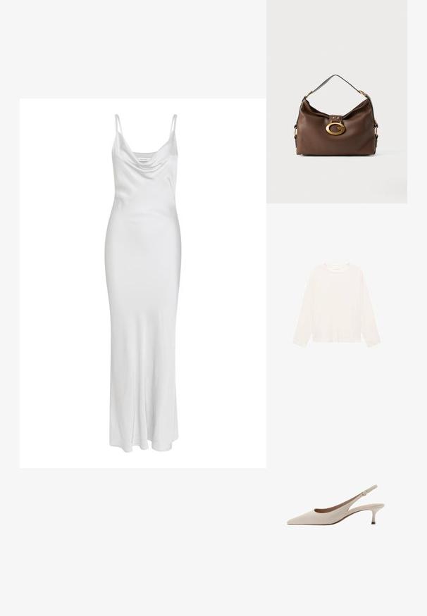 Světle krémová košile s dlouhým rukávem vyrobená z jemné tkaniny, má kulatý výstřih a volný střih. Jednoduchý design bez viditelných vzorů nebo akcentů.; Bílé šaty na tenká ramínka s výstřihem do zvonu, přiléhavý silueta a jemná, hladká textura. Dlouhá po zem bez viditelných vzorů nebo kování.; Béžové lodičky na podpatku s špičatou špičkou a nízkým rozšířeným podpatkem. Vyrobené z hladké kůže s minimalistickým designem a nastavitelným páskem.; Hnědá kožená kabelka s texturovaným povrchem, která má zlatý kovový klip a jeden zakřivený ramenní popruh.