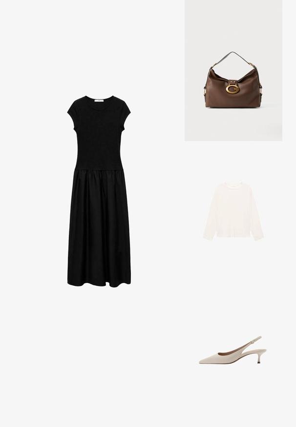 Cămașă cu mâneci lungi, de culoare crem deschis, fabricată dintr-un material moale, cu guler rotund și o croială relaxată. Design simplu, fără modele sau accente vizibile.; Rochie neagră cu mâneci scurte cap, corp strâmt și fustă plisată. Confecționată dintr-un material neted, cu un design minimalist și fără modele vizibile.; Tocuri bej cu toc înclinare, cu vârf ascuțit și un toc jos, evazat. Fabricate din piele netedă, cu un design minimalist și curea ajustabilă.; Geantă de umăr din piele maro cu un finisaj texturat, având un închizător din metal de culoare aurie și un singur mânere curbat.