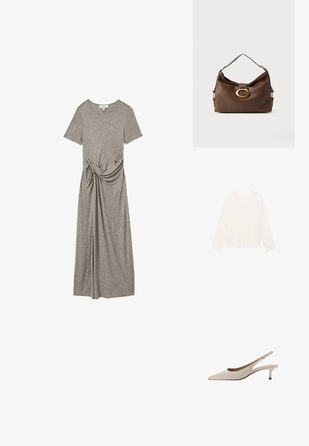 Dlhý rukáv svetlo krémovej košele vyrobený z mäkkej tkaniny, s okrúhlym výstrihom a voľným strihom. Jednoduchý dizajn bez viditeľných vzorov alebo akcentov.; Sivá šaty z trička vyrobené z mäkkej a pružnej látky. Má krátke rukávy, okrúhly výstrih a uzlový detail na boku.; Béžové lodičky na opätku s špicatou špičkou a nízkym rozšíreným opätkom. Vyrobené z hladkej kože s minimalistickým dizajnom a nastaviteľným popruhom.; Hnedá kožená kabelka s textúrovaným povrchom, so zlatým kovovým zapínaním a jedným zakriveným ramenným popruhom.