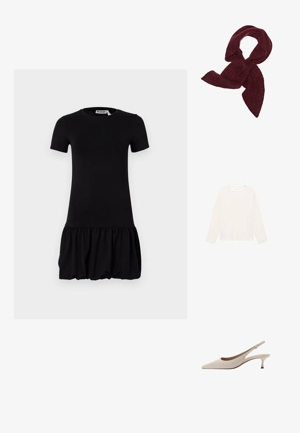 Langärmliges, hellcremefarbenes Hemd aus weichem Stoff, mit rundem Halsauschnitt und lockerer Passform. Einfaches Design ohne sichtbare Muster oder Akzente.; Schwarzes Kleid mit kurzen Ärmeln, das einen figurbetonten Oberteil und einen gerafften, ausgestellten Rock aufweist. Weiches Material mit glatter Textur und rundem Ausschnitt.; Beige Slingback-Absatzschuhe mit spitzer Zehenform und niedrigem, ausgestellten Absatz. Hergestellt aus glattem Leder mit einem minimalistischen Design und verstellbarem Riemen.; Burgunderfarbener Schal aus weichem, strukturiertem Stoff; hat eine elongated Form mit spitzen Enden, geeignet zum Wickeln oder Binden.; Braune Handtasche aus Leder mit strukturiertem Finish, ausgestattet mit einem goldfarbigen Verschluss und einem einzigen, geschwungenen Schulterriemen.