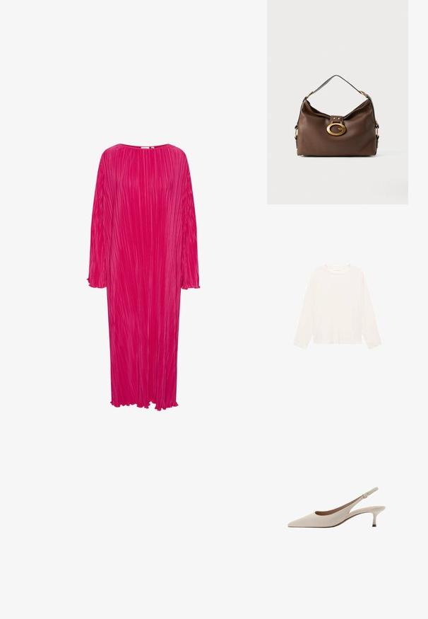 Majica z dolgimi rokavi v svetli kremni barvi, narejena iz mehke tkanine, z okroglim ovratnikom in sproščenim krojem. Preprosta zasnova brez vidnih vzorcev ali poudarkov.; Dolga, ohlapna, svetlo roza obleka z vertikalnimi nabrano, okroglo izrezom in dolgimi rokavi; ima podrgnjene robove manšet in spodnjega roba.; Bež sandale s peto, ki se zavezuje za peto, z izostrenim nosom in nizko, razširjeno peto. Narejene iz gladke usnje z minimalisticnim dizajnom in prilagodljivo zanko.; Rjavo usnjeno ročna torbica z teksturirano površino, ki ima zlato toniran zaklep in en sam, ukrivljen naramnico.