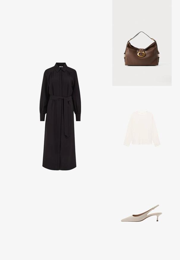 Košulja dugih rukava u svijetlo krem boji od mekanog materijala, s okruglim izrezom i opuštenim krojem. Jednostavan dizajn bez vidljivih uzoraka ili dodataka.; Duga crna haljina s ovratnikom, prednjim gumbima, dugačkim napuhanim rukavima i remenom za vezanje u struku. Izrađena od glatkog materijala.; Bež sandale s potpeticom, s uskim vrhom i niskom, proširenom potpeticom. Izrađene od glatke kože s minimalističkim dizajnom i podesivim remenom.; Smeđa kožna torba s teksturiranom površinom, koja ima zlatni kopču i jedan zakrivljeni remen za rame.