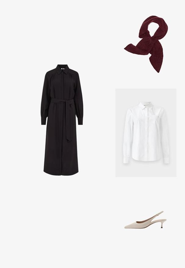 Long-sleeve light cream shirt made of soft fabric, featuring a round neckline and a relaxed fit. Simple design with no visible patterns or accents.; White long-sleeve shirt made from smooth cotton, featuring a classic collar, front button closure, and a chest pocket with a logo detail.; Long black dress with a collared neckline, button front, long puff sleeves, and a tie belt at the waist. Made of smooth fabric.; Beige slingback heels with a pointed toe and a low, flared heel. Made from smooth leather with a minimalistic design and adjustable strap.; Burgundy scarf made of soft, textured fabric; features an elongated shape with pointed ends, suitable for wrapping or tying.; Brown leather handbag with a textured finish, featuring a gold-tone hardware clasp and a single, curved shoulder strap.