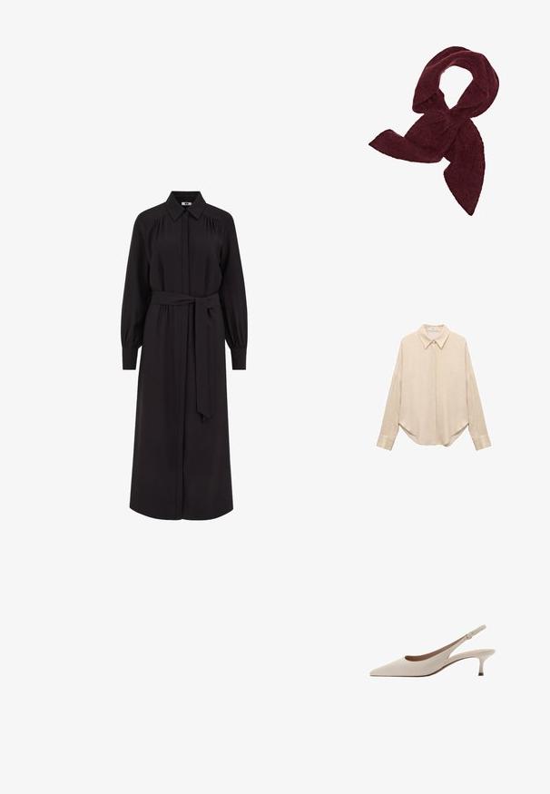 Světle krémová košile s dlouhým rukávem vyrobená z jemné tkaniny, má kulatý výstřih a volný střih. Jednoduchý design bez viditelných vzorů nebo akcentů.; Beige košile s dlouhým rukávem, s špičatým límcem, volným střihem a kulatým zakončením. Vyrobena z lehké texturované látky. Zapínání na knoflíky vpředu a na manžetách.; Dlouhé černé šaty s límečkem, předním zapínáním na knoflíky, dlouhými nafouklými rukávy a tkaničkou v pase. Vyrobeno z hladkého materiálu.; Béžové lodičky na podpatku s špičatou špičkou a nízkým rozšířeným podpatkem. Vyrobené z hladké kůže s minimalistickým designem a nastavitelným páskem.; Burgundská šála vyrobená z měkké, strukturované tkaniny; má prodloužený tvar s špičatými konci, ideální pro omotání nebo uvázání.; Hnědá kožená kabelka s texturovaným povrchem, která má zlatý kovový klip a jeden zakřivený ramenní popruh.