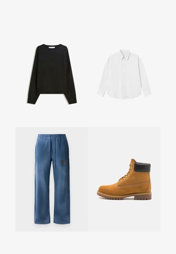 Zwarte gebreide trui met een ronde hals, geribde manchetten en zoom. Het ontwerp is recht en heeft verlaagde schouders voor een comfortabele pasvorm.; Witte blouse met een klassieke kraag, lange mouwen en een ronde zoom; heeft een klein oranje logo aan de onderkant aan de linkerkant.; Blauwe fluwelen wijdebroek met elastische tailleband, trekkoord, zijzakken en geborduurd logo op de rechterdij.; Tan suède enkelboot met zwart gevoerd kraagje, gouden metalen oogjes, witte stikdetails en een robuuste rubberen zool met uitgesproken profiel.
