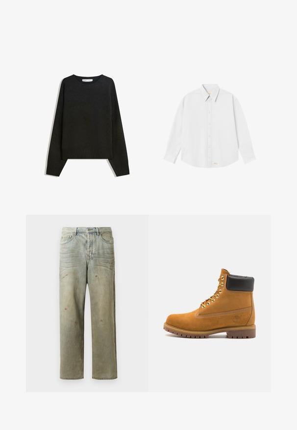 Černý pletený svetr s kulatým výstřihem, žebrovanými manžetami a lemem. Design je široký s kleslými rameny pro pohodlný střih.; Bílá košile na knoflíky s klasickým límcem, dlouhými rukávy a zaobleným lemem; na dolní levé straně je malá oranžová značka.; Odstřižené džíny v světle zelené barvě, se rovnými nohavicemi, pěti kapsami a nerovnoměrným vyblednutím s barevnými skvrnami.; Hnědé semišové kotníkové boty s černým polstrovaným límcem, zlatými kovovými očky, bílým prošíváním a odolnou gumovou podrážkou s výraznými drážkami.