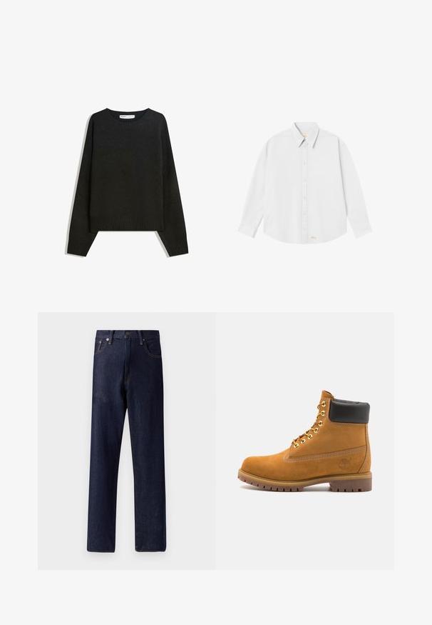 Crna pletena džempera s okruglim izrezom, rebrastim manžetama i donjim rubom. Dizajn je širok s spuštenim ramenima za opuštenu prilagodbu.; Bijela košulja s dugim rukavima i klasičnim okovratnikom, sa zaobljenim rubom; na donjoj lijevoj strani ima mali narančasti logo.; Tamno plave traperice s ravnim nogavicama, pet džepova i suptilnim detaljima šivanja. Srednji struk s metalnim gumbom i zatvaračem.; Antracitne antilop čizme do gležnjeva s crnim podstavljenim ovratnikom, zlatnim metalnim rupicama, bijelim šavovima i robusnom gumenom potplatom s izraženim šarama.